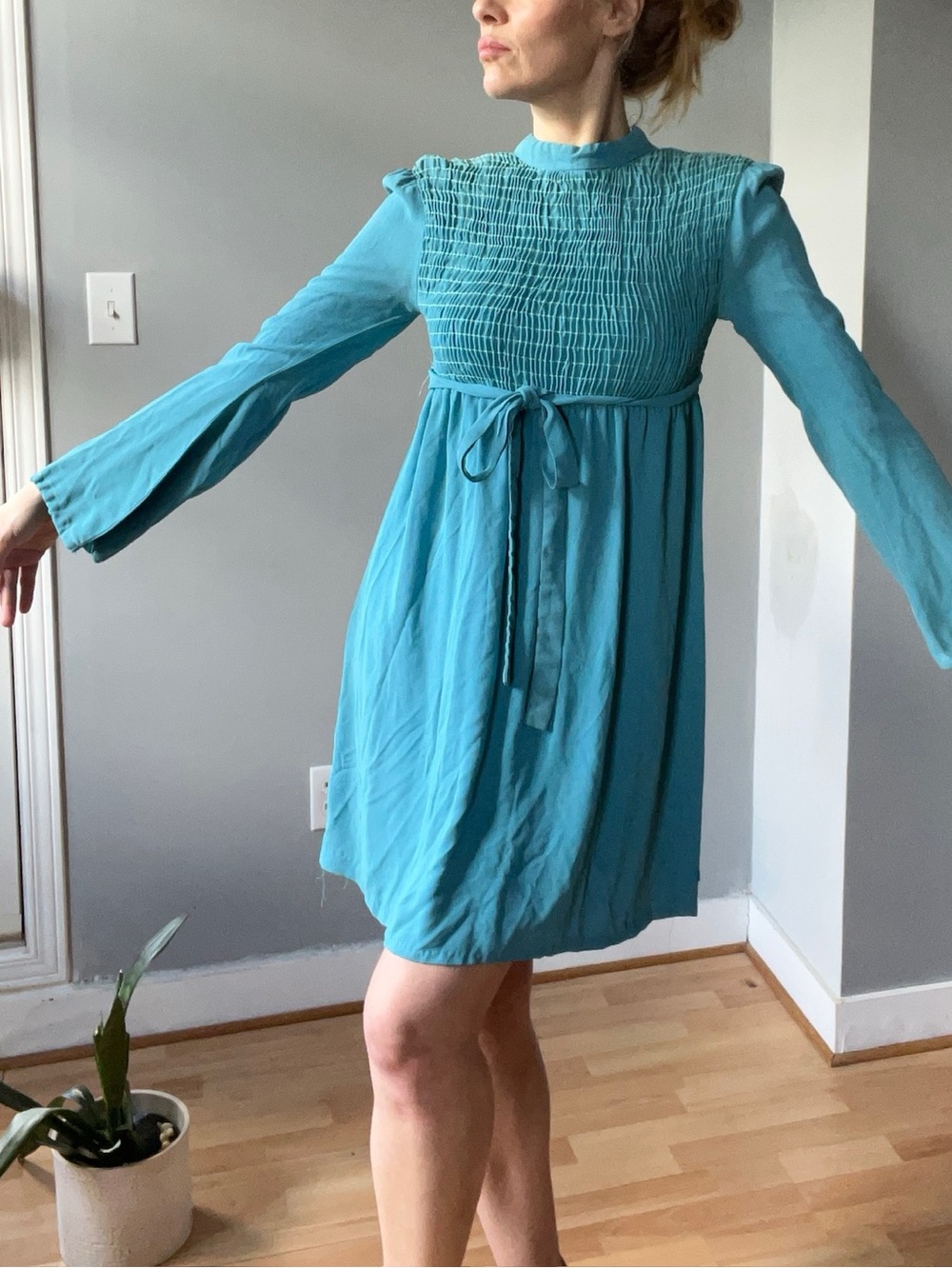 Vintage sky blue Smocked Long-Sleeve Mini Dress